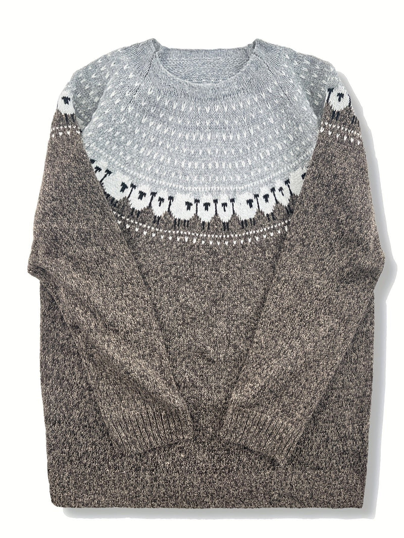 Sheep Fair Isle Sweater for Women with Nordic Yoke and Crew Neck in Brown, flat lay front view