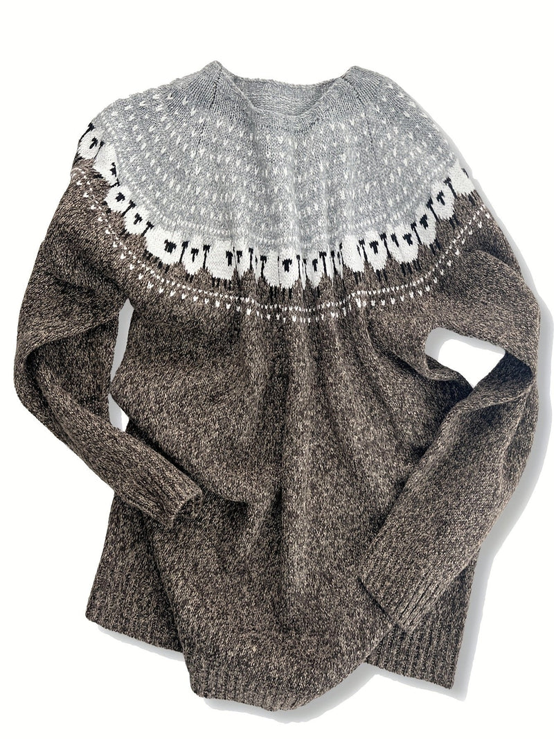 Sheep Fair Isle Sweater for Women with Nordic Yoke and Crew Neck in Brown, flat lay side view
