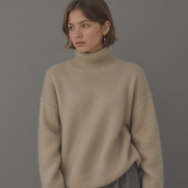 Ester | Rullekrave striktrøje i Beige, forfra