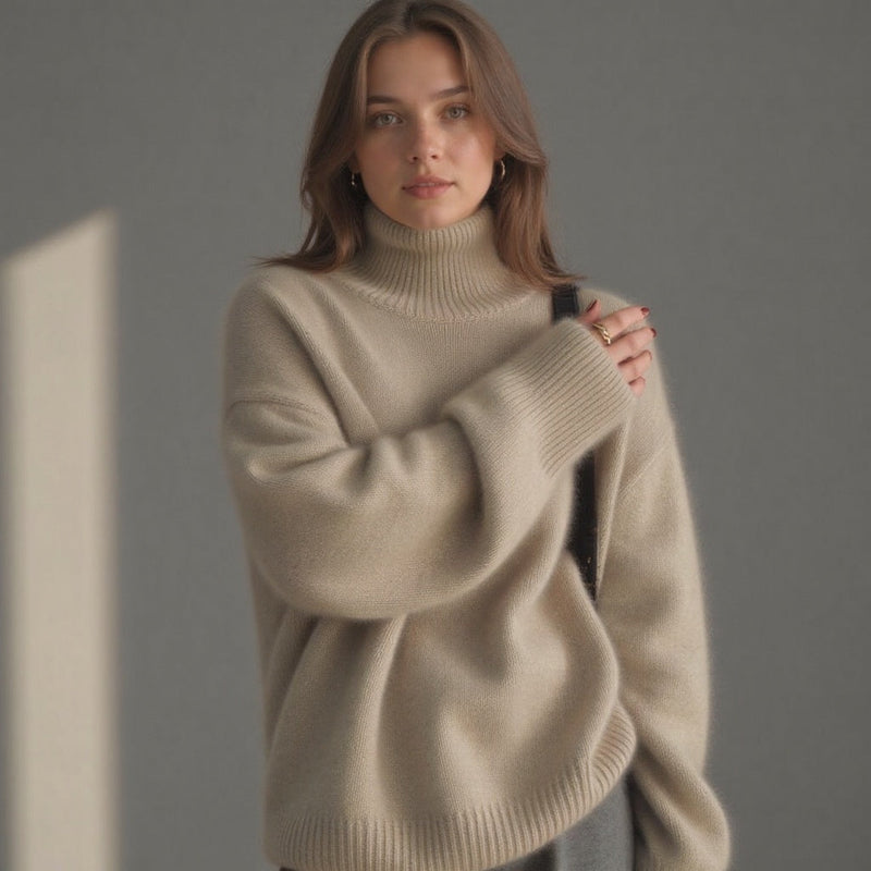 Ester | Rullekrave striktrøje i Beige, forfra