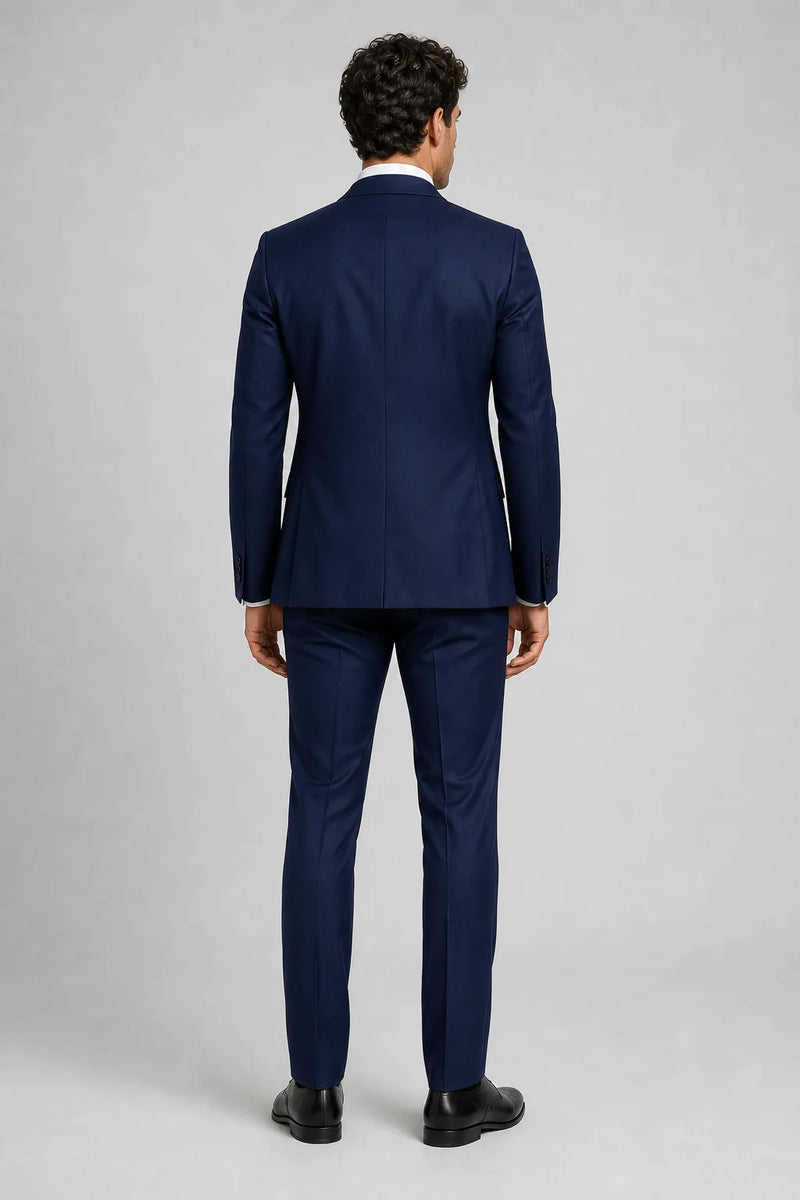 Sofaine Owen men's three-piece slim-fit suit in Navy, worn back view