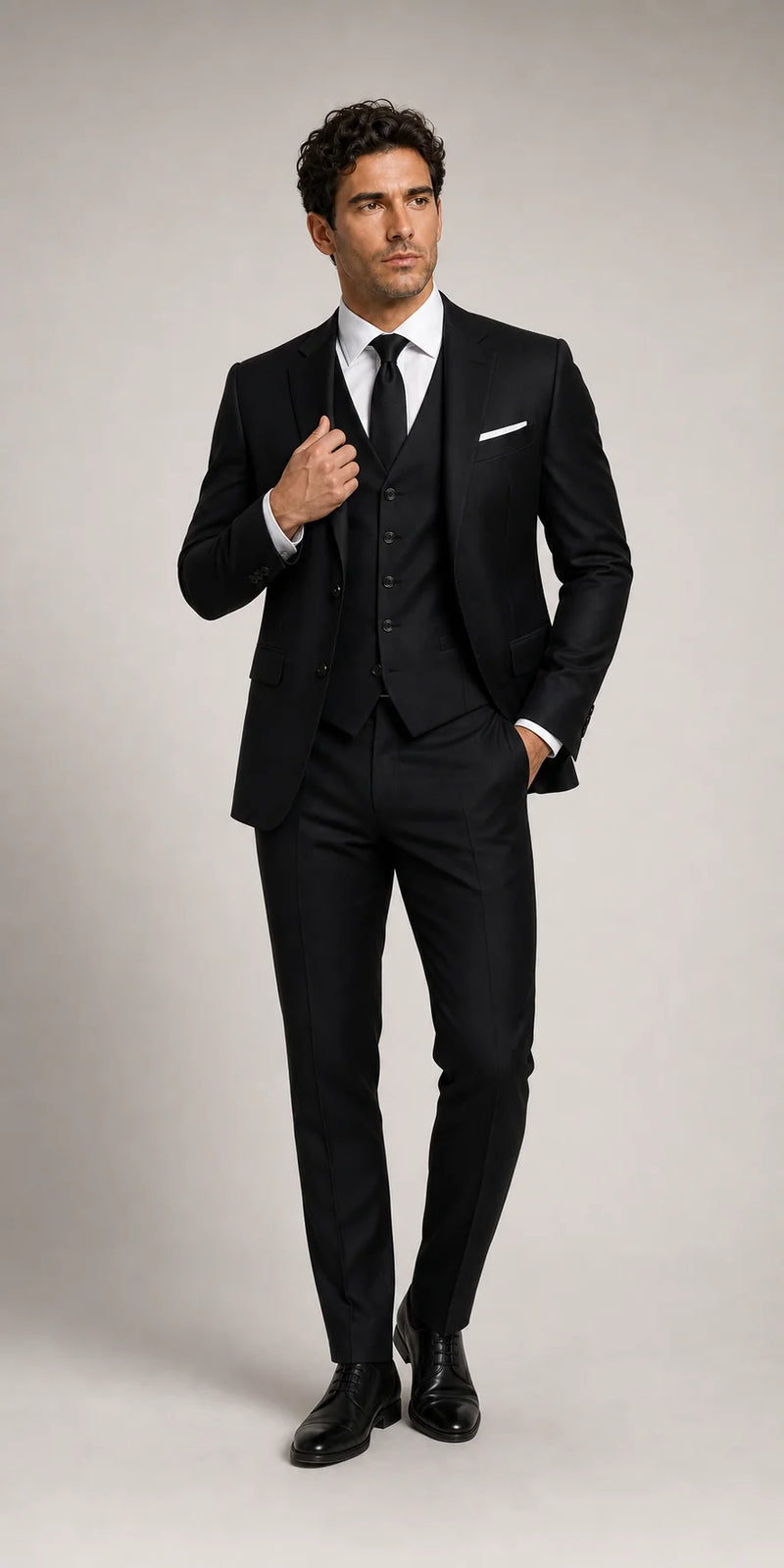 Sofaine Owen men's three-piece slim-fit suit in Black, worn front