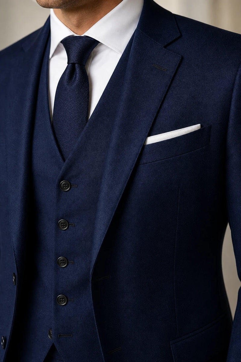 Sofaine Owen men's three-piece slim-fit suit in Navy, waistcoat and lapel detail