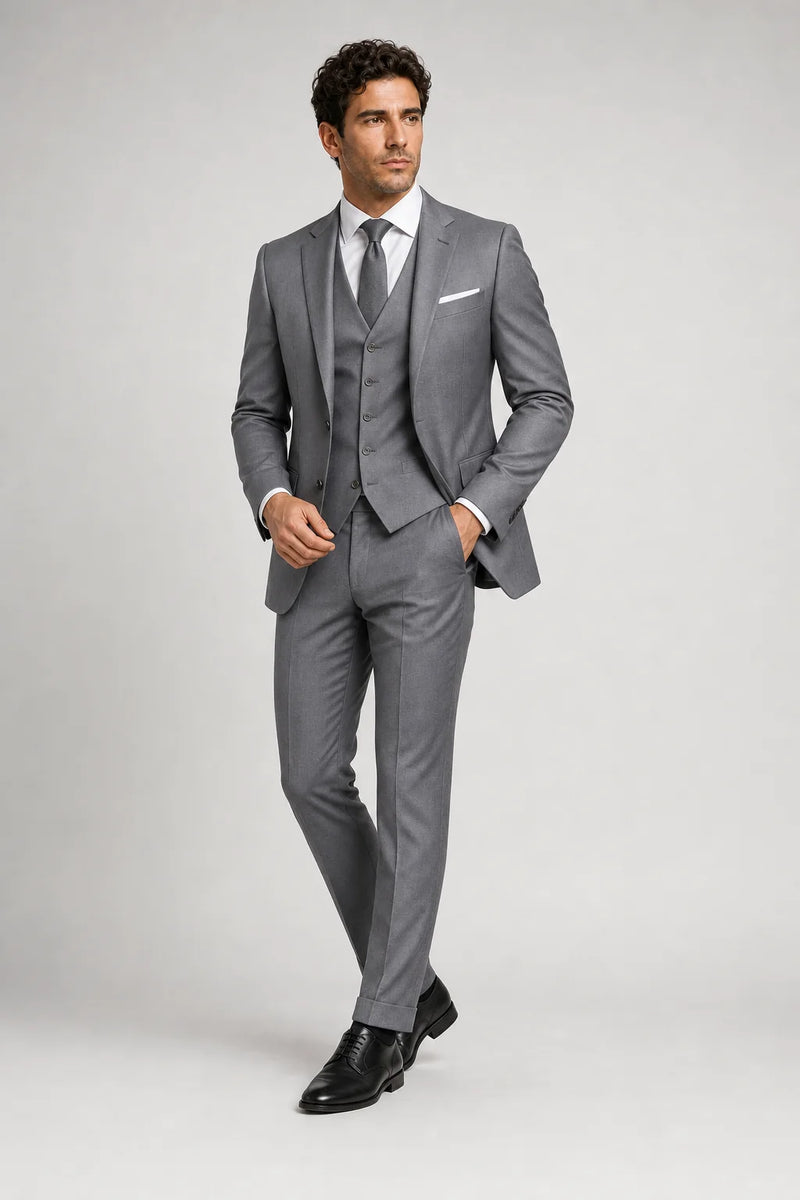 Sofaine Owen men's three-piece slim-fit suit in Grey, worn front