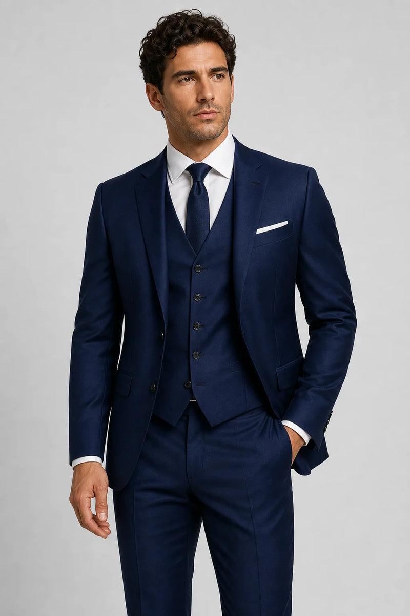 Sofaine Owen men's three-piece slim-fit suit in Navy, worn front hero