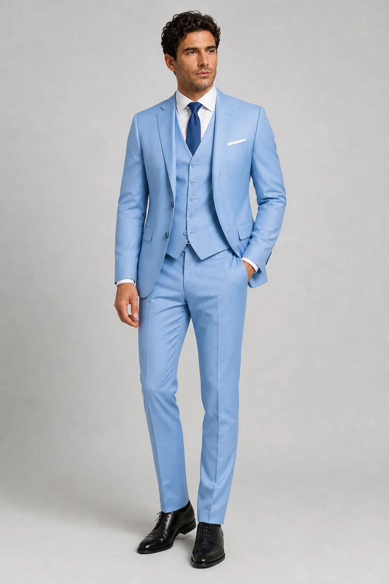 Sofaine Owen men's three-piece slim-fit suit in Light Blue, worn front