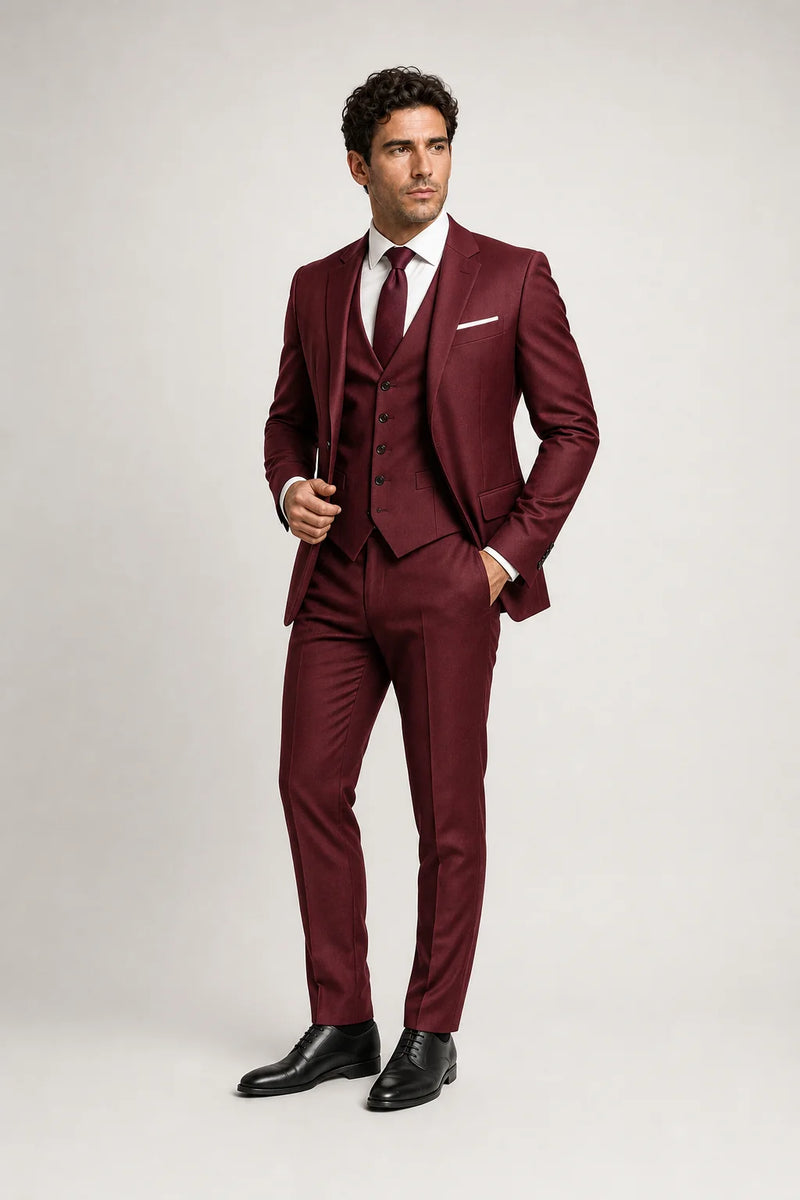 Sofaine Owen men's three-piece slim-fit suit in Burgundy Red, worn front