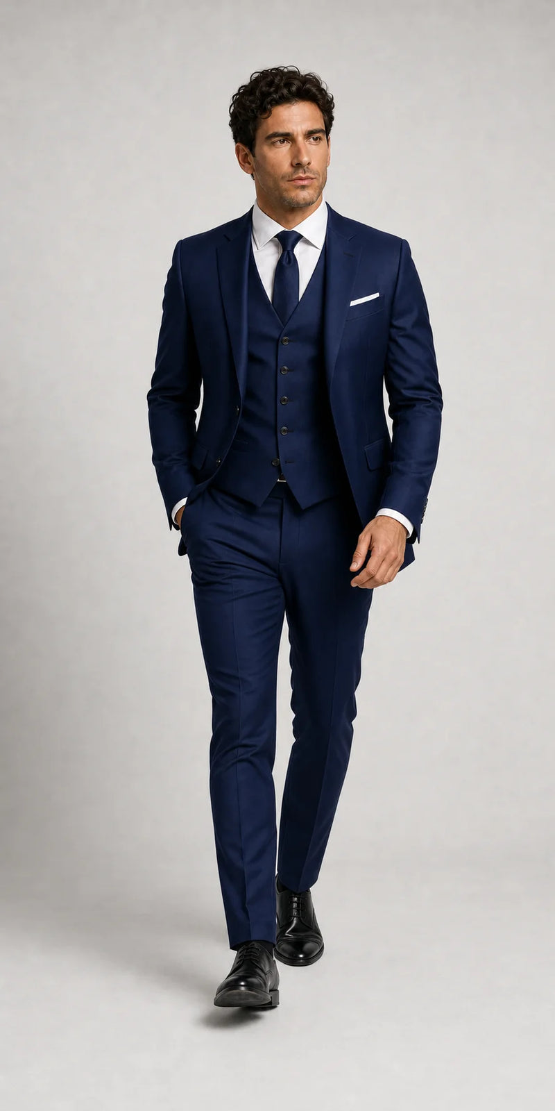 Sofaine Owen men's three-piece slim-fit suit in Navy, styled full look