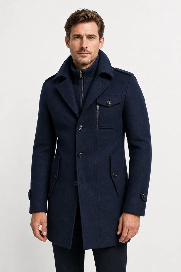 Sofaine William men's wool overcoat in Dark Blue, worn front hero
