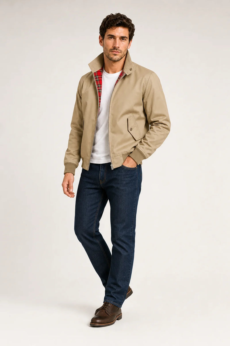 Sofaine Theodore Harrington bomber jacket in Beige, worn front