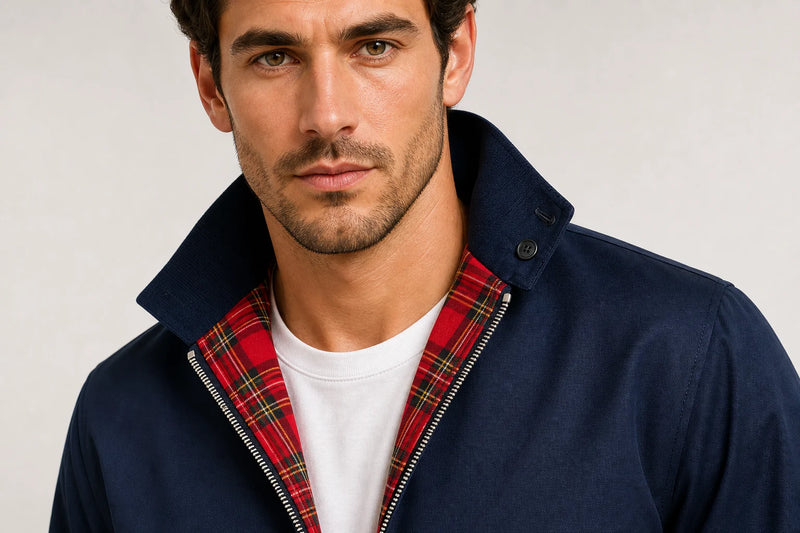 Sofaine Theodore Harrington bomber jacket in Dark Blue, red tartan lining collar detail