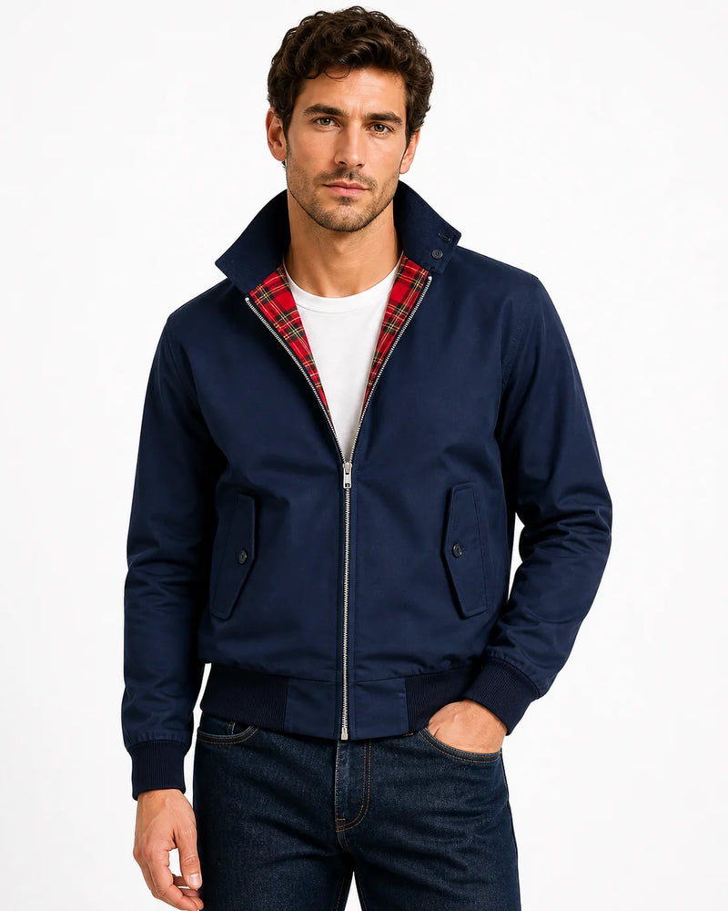 Sofaine Theodore Harrington bomber jacket in Dark Blue, worn front hero