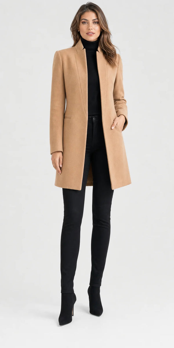 Sofaine Sophia tailored wool-blend open-front coat in Camel Khaki, worn front hero