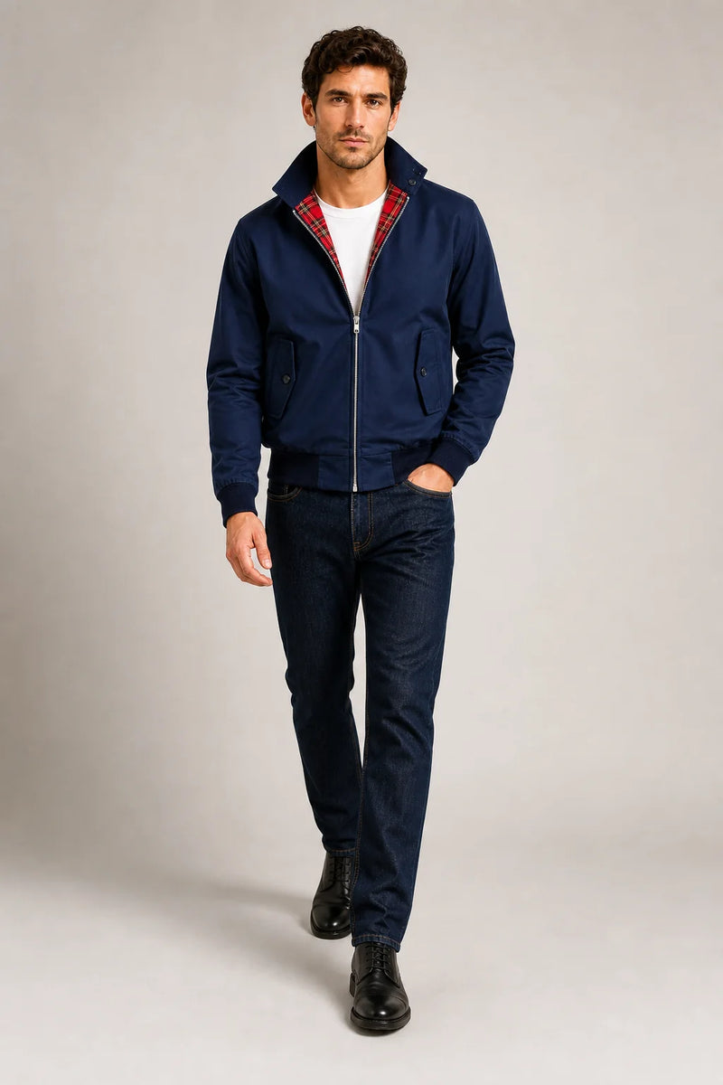 Sofaine Theodore Harrington bomber jacket in Dark Blue, styled full look