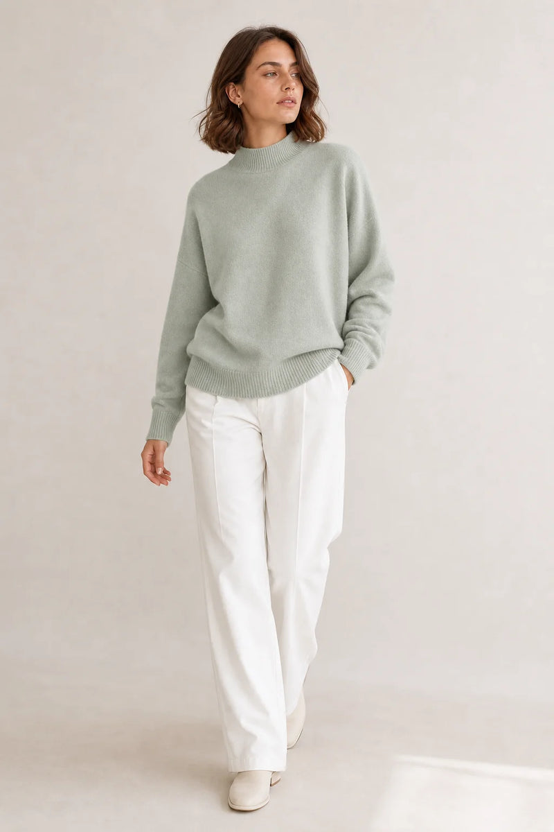 Sofaine Aubrey oversized mock-neck knit sweater in Light Green, styled full look