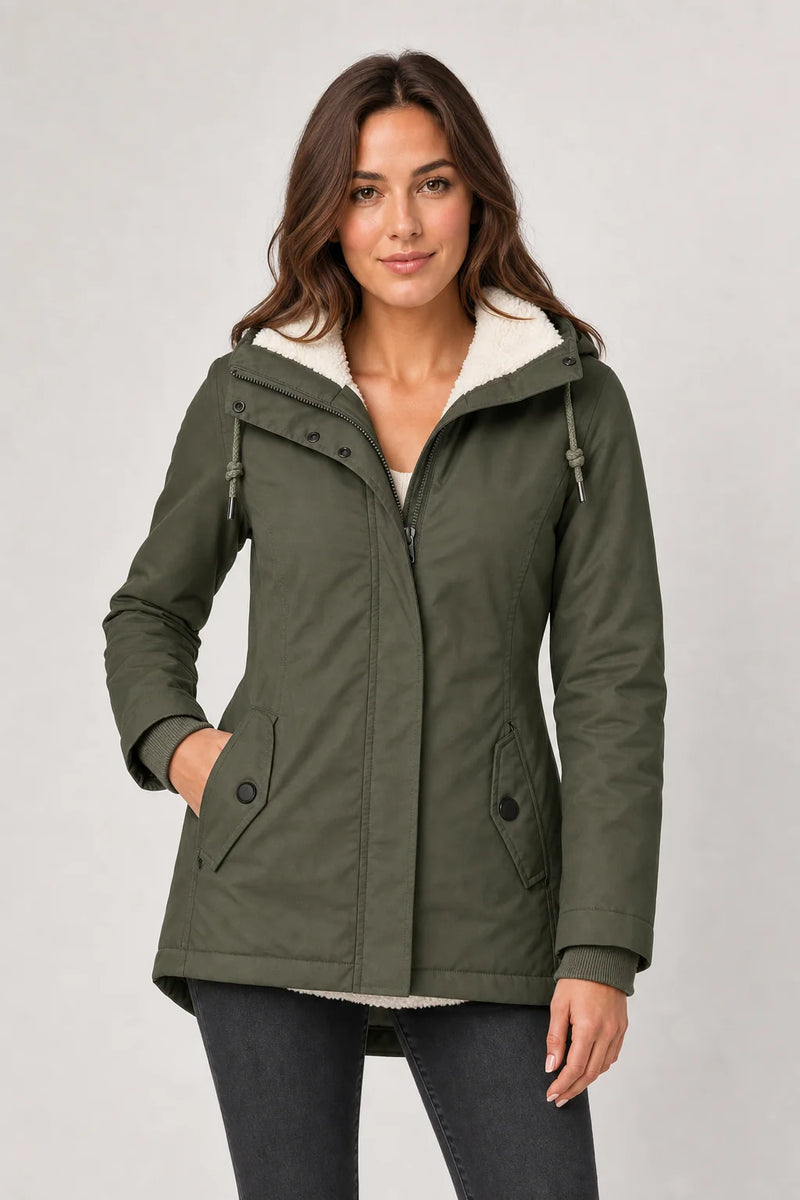 Sofaine Aria women's hooded waterproof winter parka in Green, worn front