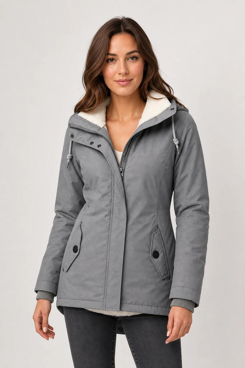 Sofaine Aria women's hooded waterproof winter parka in Gray, worn front hero