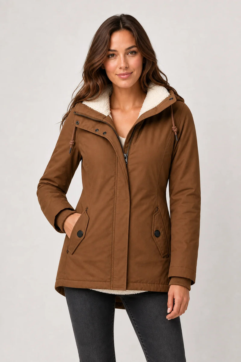 Sofaine Aria women's hooded waterproof winter parka in Khaki, worn front