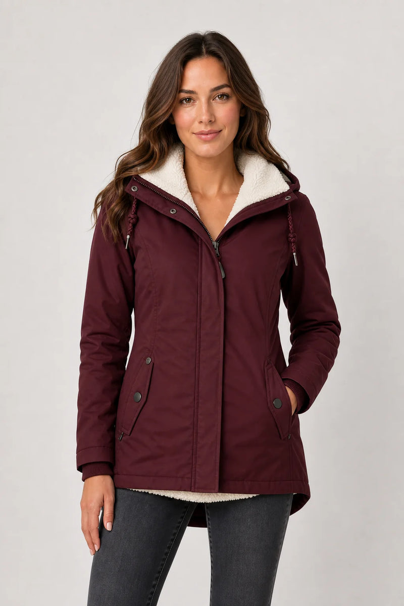 Sofaine Aria women's hooded waterproof winter parka in Red, worn front