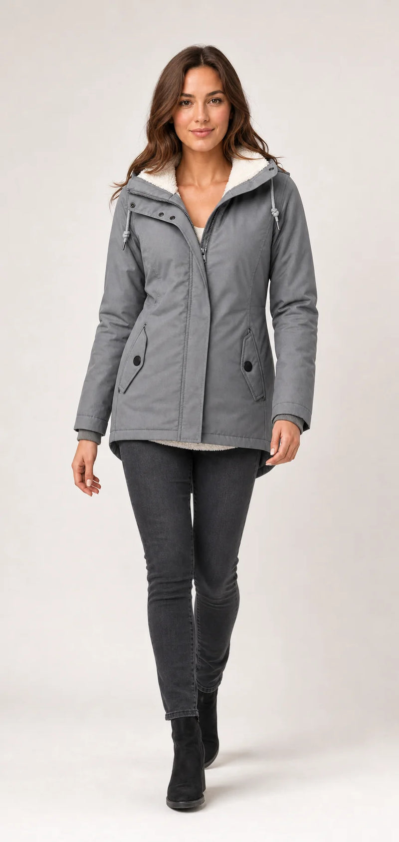 Sofaine Aria women's hooded waterproof winter parka in Gray, styled full-length look
