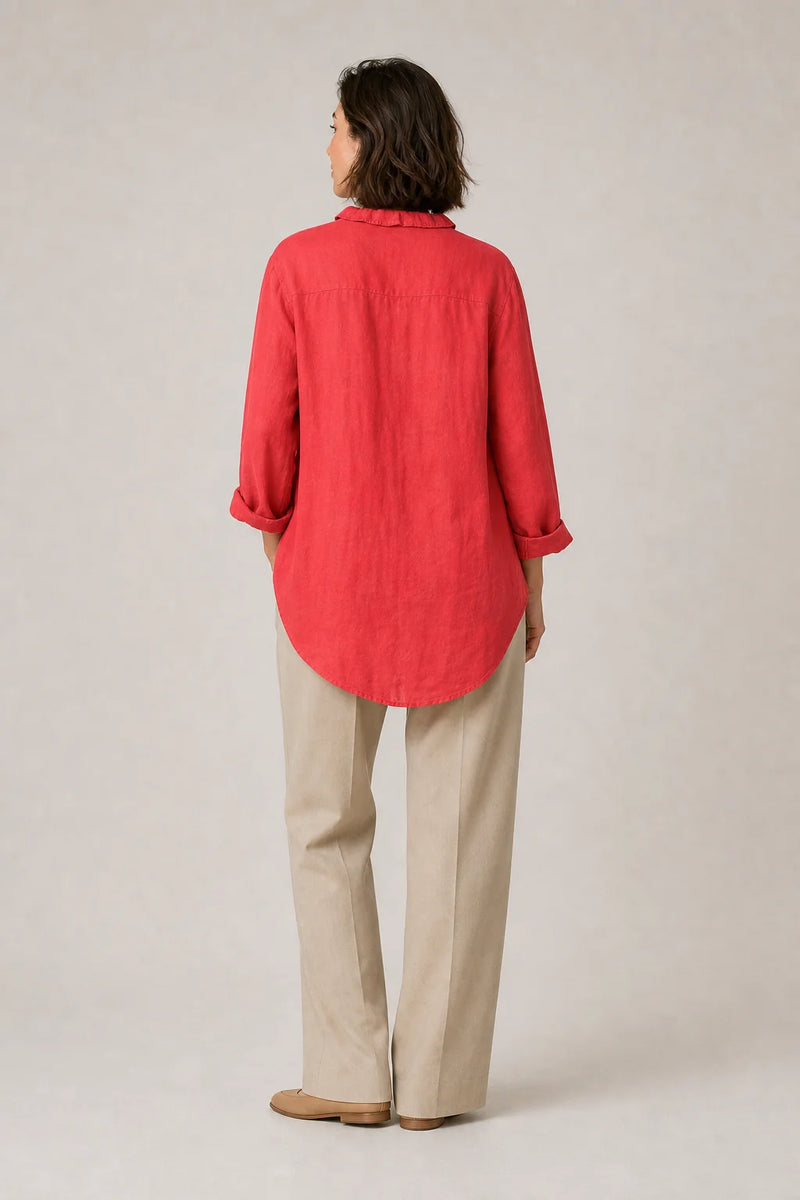 Sofaine Eliana cotton-linen ruffle blouse in Red, back view
