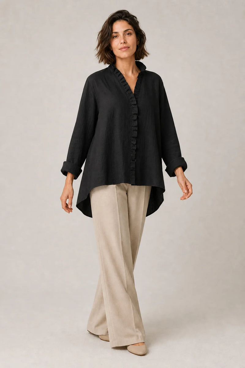 Sofaine Eliana cotton-linen ruffle blouse in Black, worn on model