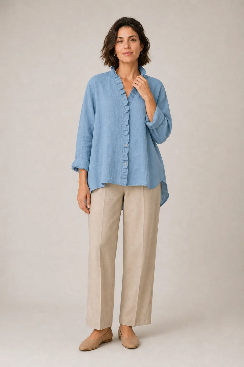 Sofaine Eliana cotton-linen ruffle blouse in Blue, worn on model