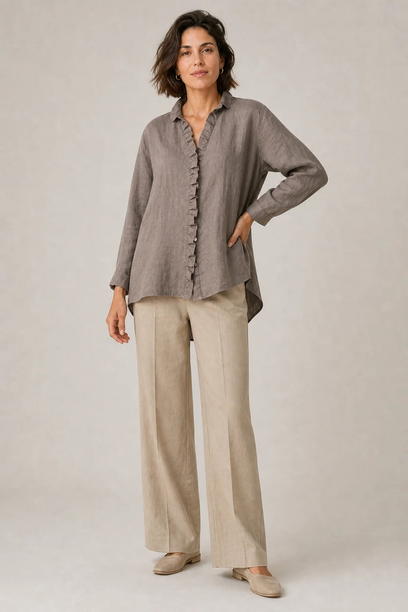 Sofaine Eliana cotton-linen ruffle blouse in Dark Gray, worn on model