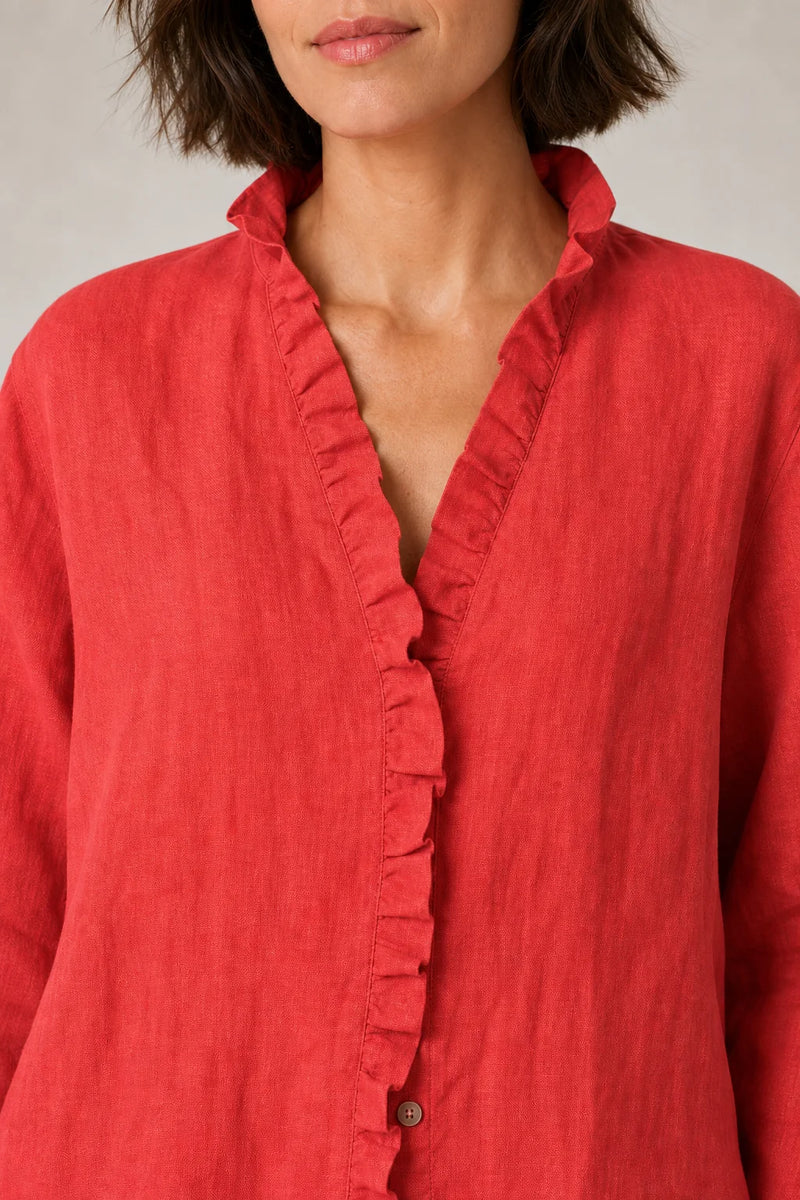 Sofaine Eliana cotton-linen ruffle blouse in Red, ruffle placket detail