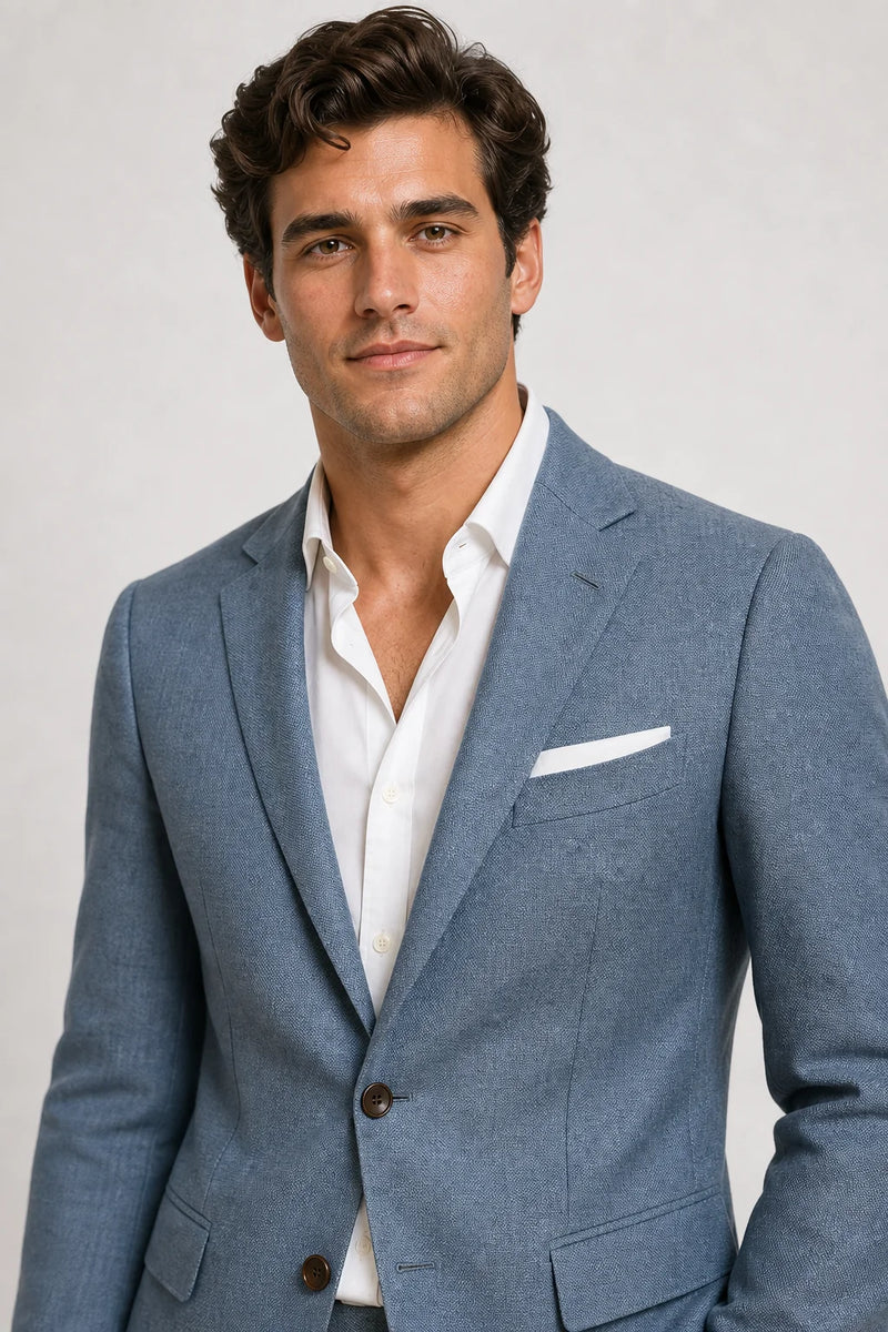 Sofaine Sebastian men's linen-blend slim-fit suit set in Light Blue, lapel and linen detail
