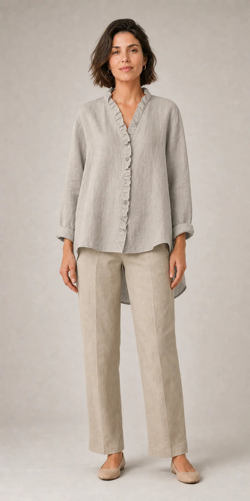 Sofaine Eliana cotton-linen ruffle blouse in Gray, worn on model
