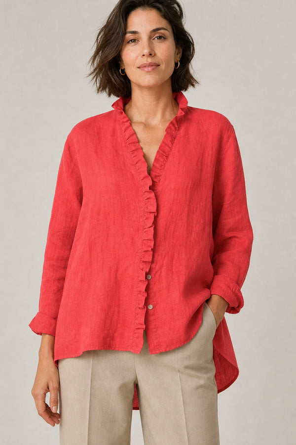 Sofaine Eliana cotton-linen ruffle blouse in Red, worn on model front hero