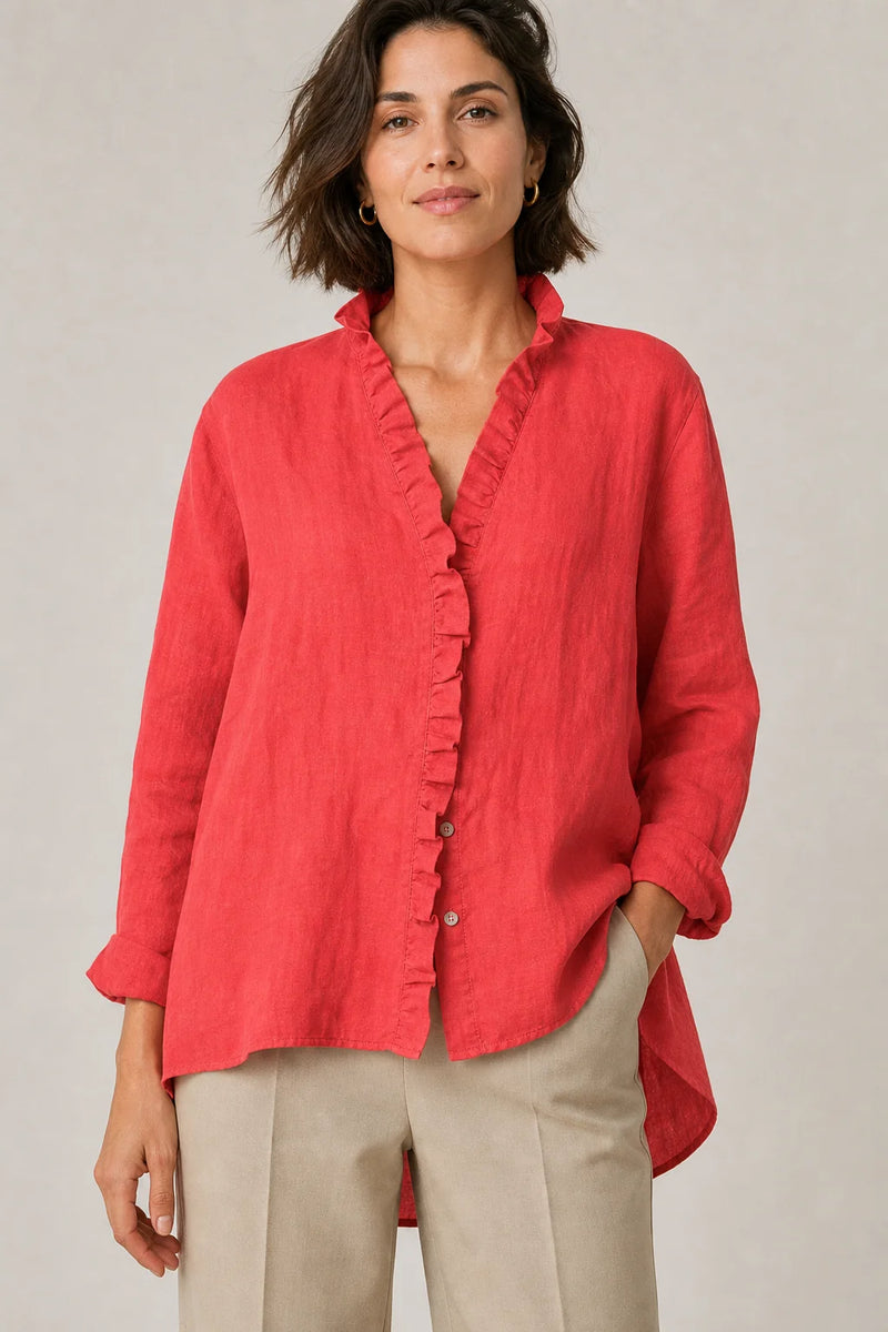 Sofaine Eliana cotton-linen ruffle blouse in Red, worn on model front hero