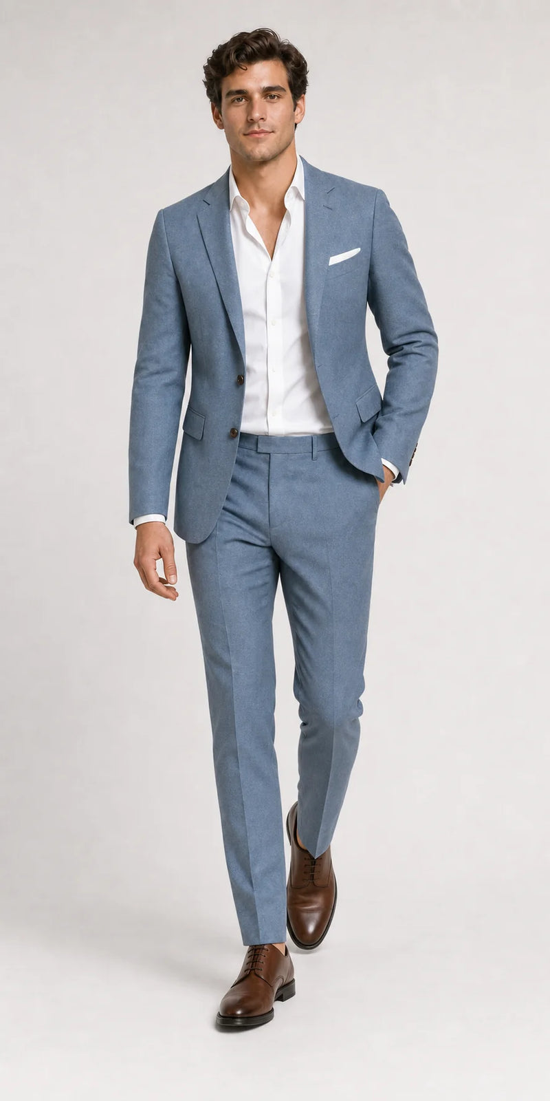Sofaine Sebastian men's linen-blend slim-fit suit set in Light Blue, styled full look