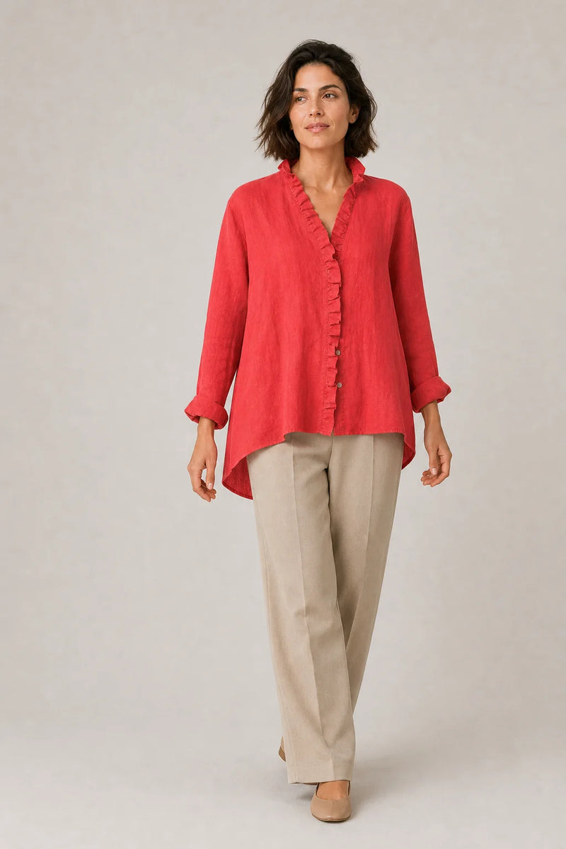 Sofaine Eliana cotton-linen ruffle blouse in Red, styled full look