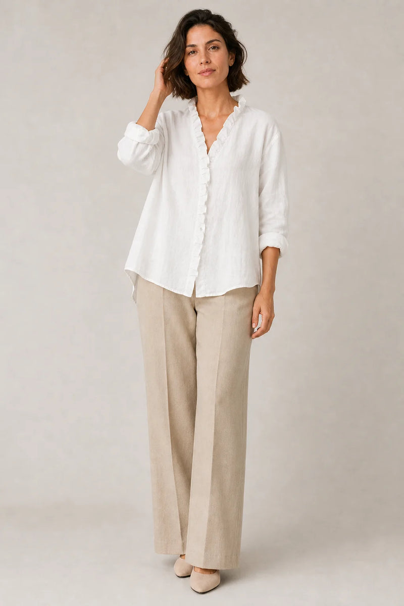 Sofaine Eliana cotton-linen ruffle blouse in White, worn on model