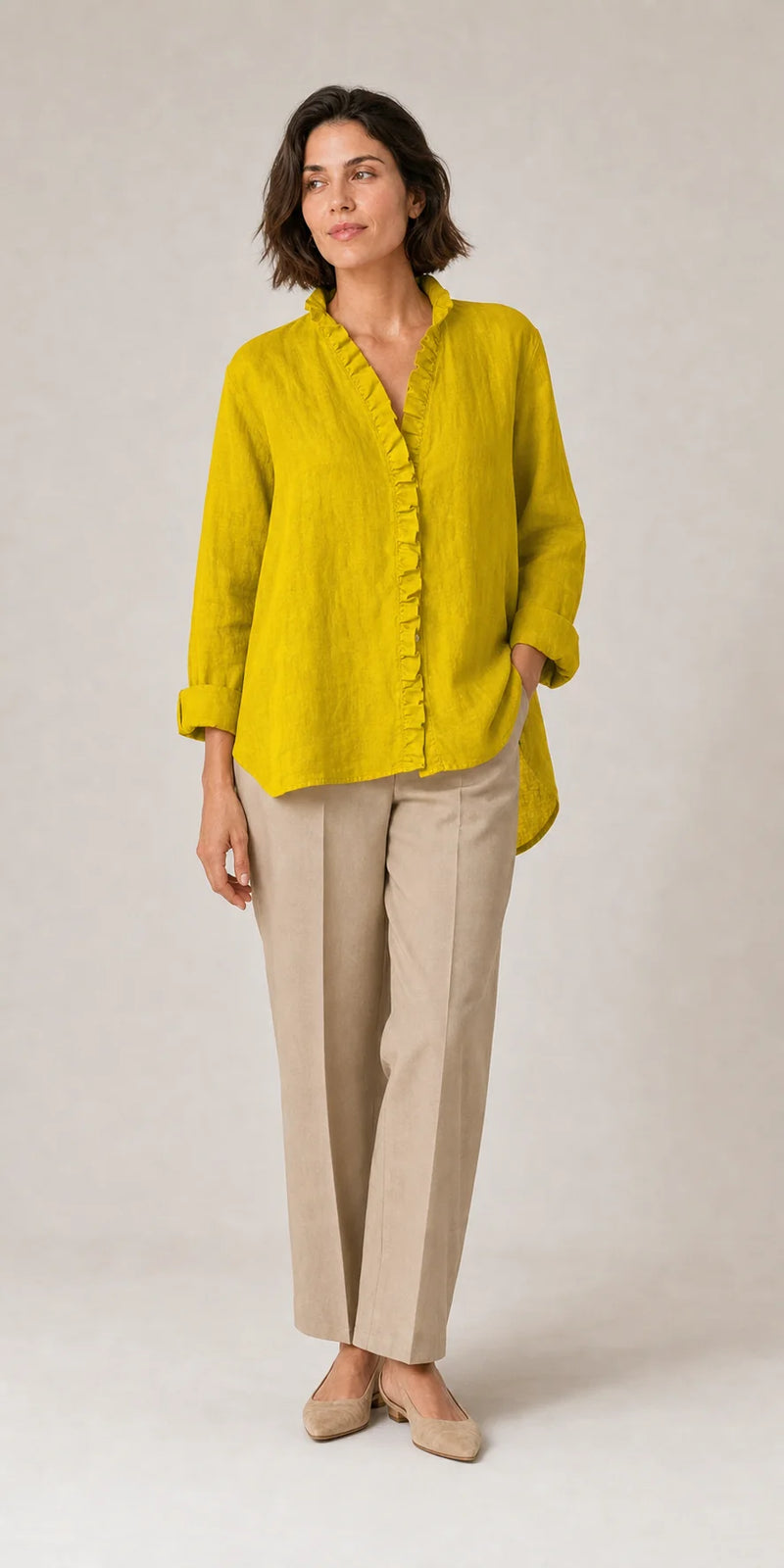 Sofaine Eliana cotton-linen ruffle blouse in Yellow, worn on model