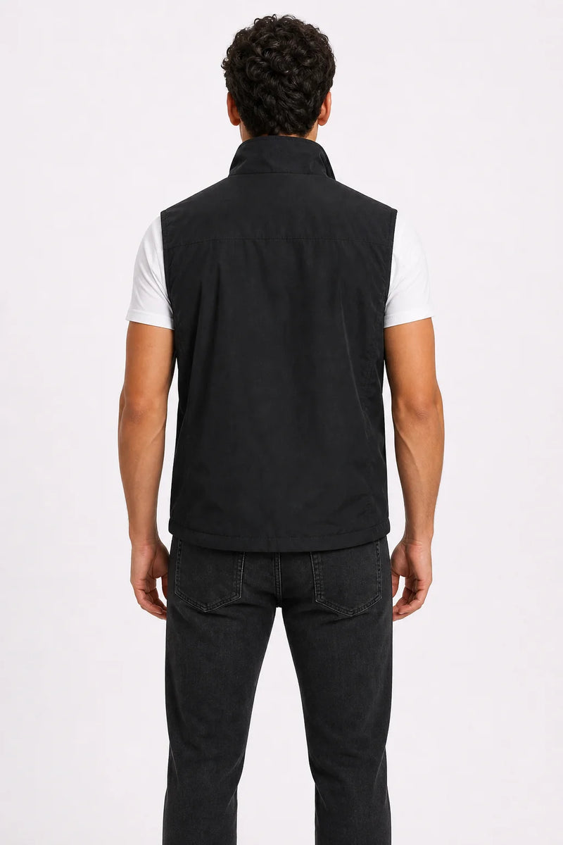 Sofaine Mason utility zip vest in Black, worn back