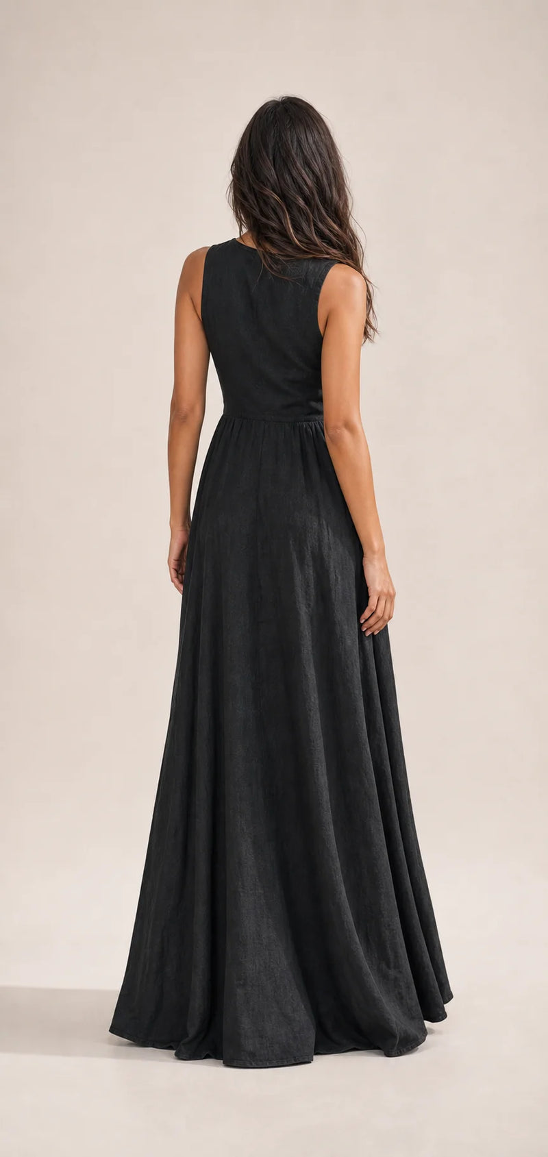 Sofaine Fiona black linen V-neck maxi dress in Black, worn back view