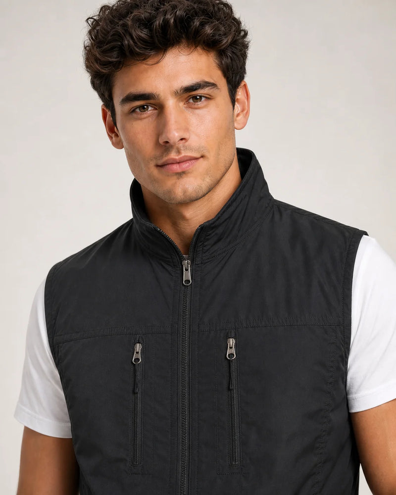 Sofaine Mason utility zip vest in Black, collar and zip pocket detail
