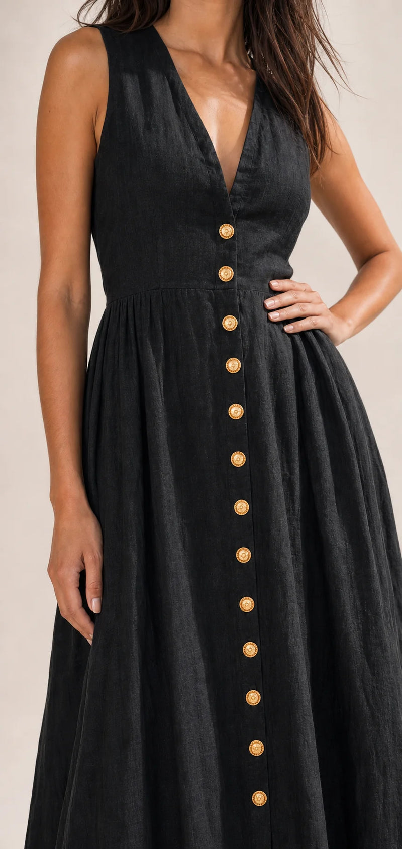 Sofaine Fiona black linen V-neck maxi dress in Black, gold button placket detail