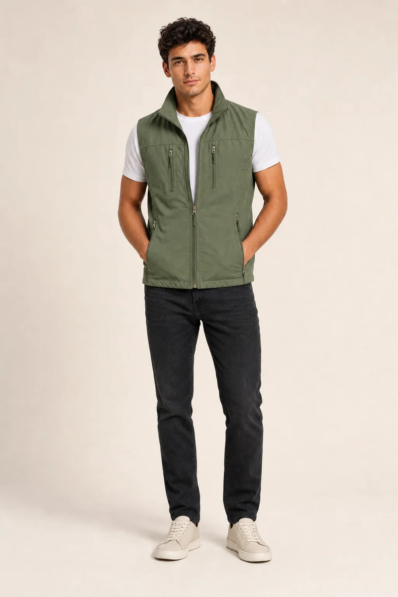 Sofaine Mason utility zip vest in Green, worn front