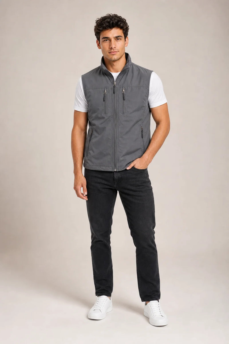 Sofaine Mason utility zip vest in Grey, worn front