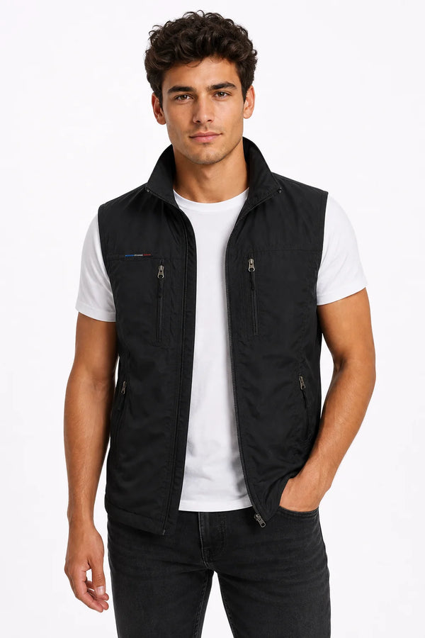 Sofaine Mason utility zip vest in Black, worn front hero