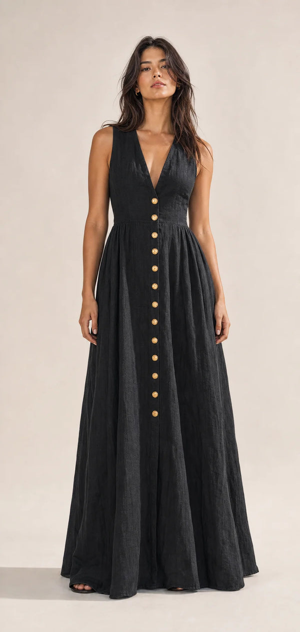 Sofaine Fiona black linen V-neck maxi dress in Black, worn front hero
