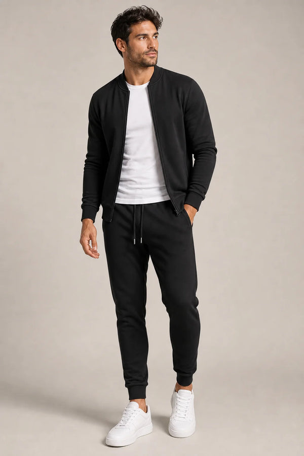 Sofaine Samuel men's two-piece full-zip tracksuit set in Black, worn front hero