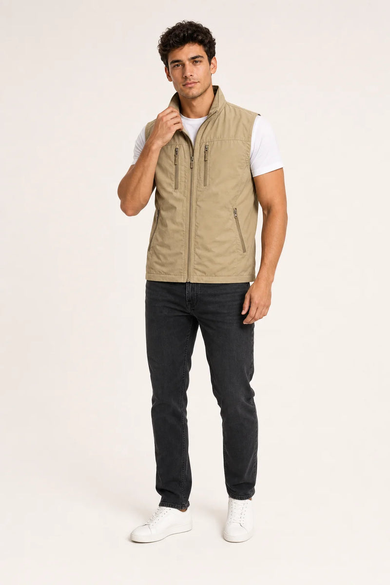Sofaine Mason utility zip vest in Khaki, worn front