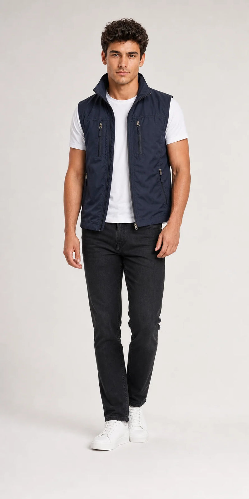 Sofaine Mason utility zip vest in Dark Blue, worn front