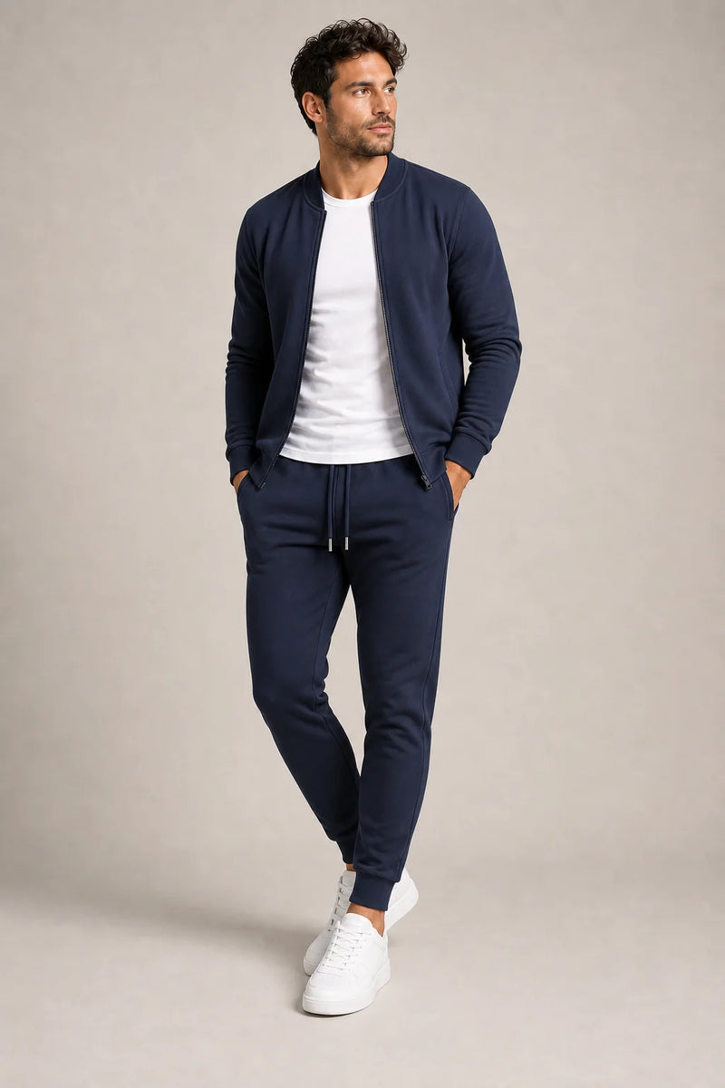 Sofaine Samuel men's two-piece full-zip tracksuit set in Navy Blue, worn front