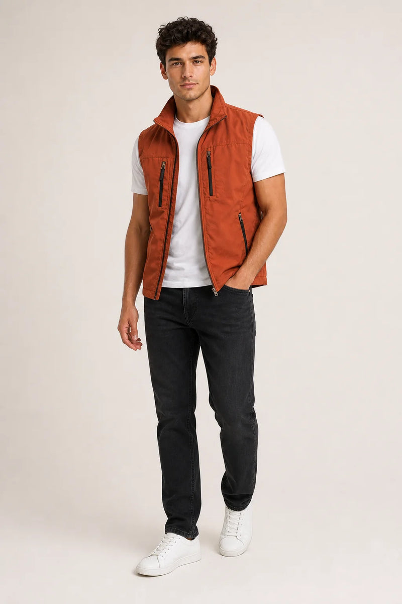 Sofaine Mason utility zip vest in Red, worn front